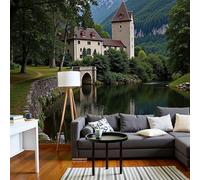 SMBHIAON Papier Peint Panoramique 3D Soie,400×280 Cm,Architecture Classique Européenne, Château Ancien Aménagement Fluvial,Grande Mural, Pour Salon,Chambre Décoration Poster Papier Peint,Beige