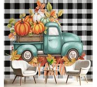 SMBHIAON Papier Peint Panoramique 3D Soie Style Campagnard Américain,450×315 CM Murales Panoramique Illustration Camion Citrouille Pour Salon, Chambre D'Enfants, Restaurant Décoration,Orange-Vert
