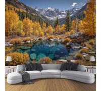 SMBHIAON Papier Peint Panoramique 450×315 CM, Scène D'Automne Enneigée Dans Un Style Réaliste Mur Papier Peint, Motifs Forêt Dense Et Lac Décoration Revêtement Mural, pour Cuisine,Jaune Foncé