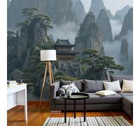 SMBHIAON Papier Peint Panoramique Architecture Traditionnelle Chinoise 350×256 Cm Style 3D Paysages Montagnes Et Temples Papier Peint Vert Foncé Pour Chambre Salon Décoration Murale