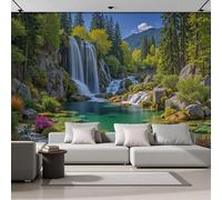 SMBHIAON Papier Peint Panoramique Artistique 200×140 Cm - Revêtement Mural Décoration Chambre Salon - Paysages Du Parc Forestier - Vert Émeraude - Cascades Formations Rocheuses