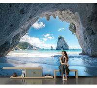 SMBHIAON Papier Peint Panoramique Conception De Plage De Grottes 150×105 Cm - Tapisserie Panoramique Merveilles Naturelles Revêtement Murale Bleu Décoration Murale Pour Salon, Chambre, Bureau