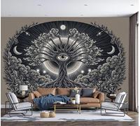 SMBHIAON Papier Peint Panoramique Corps Célestes Mystérieux 300×210 CM - Décoration Murale Moderne - Tapisserie Décorative Pour Chambre Salon - Symboles L'Arbre La Lune Et Du Soleil- Gris