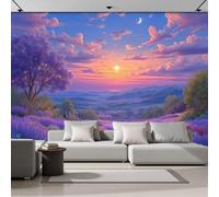 SMBHIAON Papier Peint Panoramique Coucher Soleil Romantique 3D Soie, 350×256 Cm Papier Peint Champs Lavande Provence - Grandes Murales Poster Pour Salon, Étude Décoration,Violet