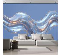SMBHIAON Papier Peint Panoramique Design Abstrait Moderne 350×256 Cm - Décoration Murale Or Bleu - Tapisserie Décorative Pour Chambre Salon - Chaîne Perles Métalliques Ondulées