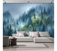 SMBHIAON Papier Peint Panoramique Forêt Mystérieuse 3D Soie, 250×175 Cm Papier Peint Paysage De Forêt De Pins Brumeuse - Grandes Murales Poster Pour Salon, Étude Décoration,Vert Foncé