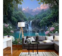 SMBHIAON Papier Peint Panoramique Forêt Naturelle Verdoyante 450×315 Cm - Décoration Murale Vert Émeraude - Tapisserie Décorative Pour Chambre Salon - Grues Paysage De Cascade