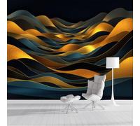 SMBHIAON Papier Peint Panoramique Formes Abstraites 3D Soie, 300×210 Cm Papier Peint Montagnes Aux Motifs Vagues Dorées - Grandes Murales Poster Pour Salon, Étude Décoration,Bleu-Vert