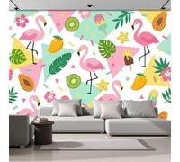 SMBHIAON Papier Peint Panoramique Fruits Tropicaux 450×315 CM - Décoration murale Vert Émeraude - Tapisserie décorative pour chambre salon - Motif Flamant Rose