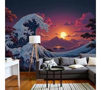 SMBHIAON Papier Peint Panoramique Illustration Style Ukiyo-E 450×315 Cm - Décoration Murale Rouge - Tapisserie Décorative Pour Chambre Salon - Coucher Soleil Et Vagues L'Océan