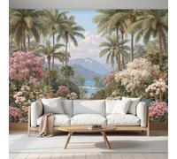 SMBHIAON Papier Peint Panoramique Illustrations De Jungle Exotique 250×175 Cm - Décoration Murale Vert - Tapisserie Décorative Pour Chambre Salon - Palmiers Majestueux