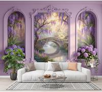 SMBHIAON Papier Peint Panoramique Jardin À Fenêtre Cintrée Simulée 400×280 cm - Glycine Hortensia,Décoration Murale Salon Chambre - Facile d’entretien,Violet Clair