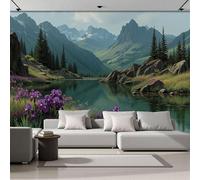 SMBHIAON Papier Peint Panoramique Lac De La Vallée 3D Soie, 400×280 Cm Papier Peint Iris Pourpres Prés - Grandes Murales Poster Pour Salon, Étude Décoration,Vert Forêt