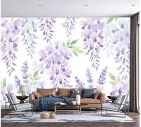 SMBHIAON Papier Peint Panoramique Lavande Aquarelle 3D Soie, 450×315 Cm Papier Peint Motif De Fleur De Glycine Suspendue - Grandes Murales Poster Pour Salon, Étude Décoration,Violet Clair