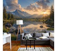 SMBHIAON Papier Peint Panoramique Montagnes Et Lacs 400×280 Cm - Décoration Murale Moderne - Tapisserie Décorative Pour Chambre Salon - Lumière Dorée Vue Sur Le Lac
