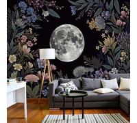 SMBHIAON Papier Peint Panoramique Mystères Naturels 3D Soie, 450×315 Cm Papier Peint Plantes De Fleurs Sauvages De Pleine Lune - Grandes Murales Poster Pour Salon, Étude Décoration,Noir