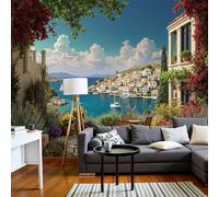 SMBHIAON Papier Peint Panoramique Nature 300×210 Cm - Revêtement Mural Décoration Pour Chambre Salon Cuisine - Paysage De Ville Grecque Antique - Bleu