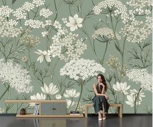 SMBHIAON Papier Peint Panoramique Paysage De Champ Naturel 400×280 Cm - Décoration Murale Eucalyptus Vert - Tapisserie Décorative Pour Chambre Salon - Achillée Millefeuille À Petites Fleurs Blanches