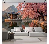 SMBHIAON Papier Peint Panoramique Paysage De Jardin Classique 400×280 Cm - Décoration Murale Moderne - Tapisserie Décorative Pour Chambre Salon - Fleurs Cerisier Reflet Pavillon- Rose