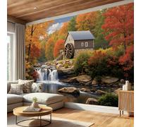 SMBHIAON Papier Peint Panoramique Paysage De Moulin De Campagne 250×175 CM - Décoration murale moderne - Tapisserie décorative pour chambre salon - Motif En Cascade De Feuilles D'Automne- Orange