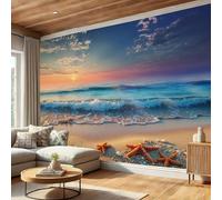 SMBHIAON Papier Peint Panoramique Paysage De Plage,Papier Peint 3D Motif D'Étoile De Mer À Vagues Portant Intissé Wallpaper Chambre Bureau Déco Décoration Murale Bleu Clair