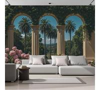 SMBHIAON Papier Peint Panoramique Paysage De Plantes De Jardin 450×315 Cm - Décoration Murale Moderne - Tapisserie Décorative Pour Chambre Salon - Illustration Réaliste D'Une Arche- Émeraude