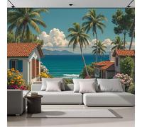 SMBHIAON Papier Peint Panoramique Paysage De Ville Balnéaire 400×280 Cm - Décoration Murale Moderne - Tapisserie Décorative Pour Chambre Salon - Maisons Motif De Palmiers