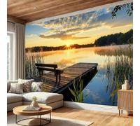 SMBHIAON Papier Peint Panoramique Paysage Du Quai En Bois 400×280 CM - Décoration murale moderne - Tapisserie décorative pour chambre salon - Scène De Roseaux Au Coucher Du Soleil- Or