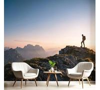 SMBHIAON Papier Peint Panoramique Paysage Prairie Alpine 3D Soie,300×210 Cm Papier Peint Randonneurs Montagnes - Grandes Murales Poster Pour Salon, Étude Décoration,Bleu Clair