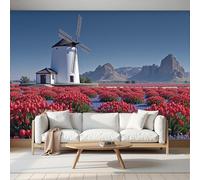 SMBHIAON Papier Peint Panoramique Paysages Campagne Néerlandaise 450×315 Cm Style 3D Moulins À Vent Champs Tulipes Papier Peint Rouge Pour Chambre Salon Décoration Murale