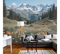 SMBHIAON Papier Peint Panoramique Paysages Naturels 3D Soie,300×210 Cm Papier Peint Montagnes Enneigées Et Champs De Fleurs - Grandes Murales Poster Pour Salon, Étude Décoration,Vert