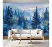 SMBHIAON Papier Peint Panoramique Peinture Paysage Forestier 450×315 Cm - Décoration Murale Bleu - Tapisserie Décorative Pour Chambre Salon - Une Légère Brume Une Haute Forêt Pins