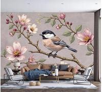 SMBHIAON Papier Peint Panoramique Plantes À Fleurs 450×315 Cm - Revêtement Mural Décoration Chambre Salon - Petits Oiseaux Perchés Sur Des Branches Aux Fleurs Roses - Poudre Blush
