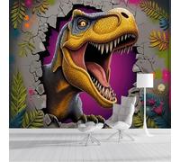 SMBHIAON Papier Peint Panoramique Plantes Et Animaux Tropicaux 150×105 CM - Décoration Murale Moderne - Tapisserie Décorative Pour Chambre Salon - Un Tyrannosaure Rex Défonce Le Mur- Jaune