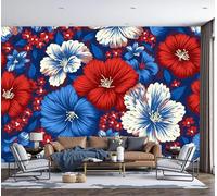 SMBHIAON Papier Peint Panoramique Plantes Et Fleurs Rétro 3D Soie,150×105 Cm Papier Peint Motif Floral De Pensées - Grandes Murales Poster Pour Salon, Étude Décoration,Bleu Et Rouge