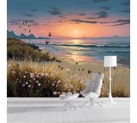 SMBHIAON Papier Peint Panoramique Scène De Plage Au Coucher Du Soleil 200×140 Cm Style 3D Vagues Fleurs Sauvages Herbe Papier Peint Orange Pour Chambre Salon Décoration Murale