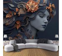 SMBHIAON Papier Peint Panoramique Sculpture D'Art Moderne,Papier Peint 3D Profil Féminin À Éléments Floraux Portant Intissé Wallpaper Chambre Bureau Déco Décoration Murale Couleur Orange