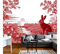 SMBHIAON Papier Peint Panoramique Style D'Art Du Découpage Papier 3D Soie, 150×105 Cm Papier Peint Motif Bouquet Fleurs Et Lapin - Grandes Murales Poster Pour Salon, Étude Décoration,Rouge Foncé