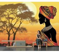 SMBHIAON Papier Peint Panoramique Style Ethnique Simple 250×175 Cm - Décoration Murale Moderne - Tapisserie Décorative Pour Chambre Salon - Silhouette D'Une Femme Africaine Dans La Prairie- Orange