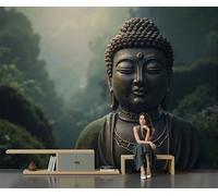 SMBHIAON Papier Peint Panoramique Style Zen,Papier Peint 3D Statues Bouddha Bronze Forêt Portant Intissé Wallpaper Chambre Bureau Déco Décoration Murale Noir Vert