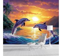 SMBHIAON Papier Peint Panoramique Sunset Beach 3D Soie,300×210 Cm Papier Peint Scène De Saut De Dauphin - Grandes Murales Poster Pour Salon, Étude Décoration,Orange
