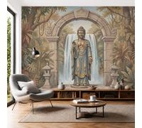 SMBHIAON Papier Peint Panoramique Zen Tropical 200×140 Cm - Bouddha Debout Arche Pierre Cascade,Décoration Murale Salon Chambre - Facile D’Entretien,Brun