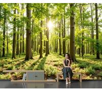 SMBHIAON Papier peint Scène De Forêt 350×256 CM Vert Émeraude Mur Tableaux Muraux Tapisserie Photo Décoration Murale Salon Chambre La Lumière Du Soleil Filtre À Travers La Canopée Des Arbres