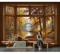 SMBHIAON Papier Peint Soie Panoramique Vue Sur La Forêt D'Automne Par La Fenêtre, 400×280 Cm, Ruisseaux Ponts Pierre Chutes D'Eau Mural, Brun Caramel, Pour Salon Chambre Restaurant Décoration Murale