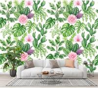SMBHIAON Papier Peint Soie Plantes Tropicales Rétro,Papier Peint Panoramique Cactus Rose Monstre, Vert pour Salon Chambre Bureau Couloir, Décoration Murale, 400×280 cm