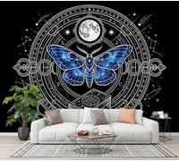 SMBHIAON Papier Peint Soie Style Sorcellerie Mystérieuse,Papier Peint Panoramique Tableau Des Papillons Lune Étoiles, Bleu Foncé pour Salon Chambre Bureau Couloir, Décoration Murale, 350×256 cm