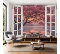 SMBHIAON Papier Peint Vue Naturelle Par La Fenêtre 400×280 Cm Rose Clair Mur Tableaux Muraux Tapisserie Photo Décoration Murale Salon Chambre Cerisier Lac