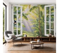 SMBHIAON Papier Peint Vue Par Fenêtre Sur La Jungle Tropicale 400×280 Cm Vert Sauge Mur Tableaux Muraux Tapisserie Photo Décoration Murale Salon Chambre Soleil Bananier