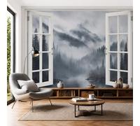 SMBHIAON Papier Peint Vue Sur La Forêt Par La Fenêtre 400×280 Cm Gris Brumeux Mur Tableaux Muraux Tapisserie Photo Décoration Murale Salon Chambre Sapin Brume
