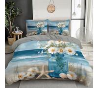 SMBHIAON Parure De Lit Réversible, 200X200Cm Bocal en Verre Bleu Éléments Marguerite Set De Housse De Couette Scène Plage Parure De Lit avec 2 Taies d'oreiller pour 2 Personnes - Bleu Clair